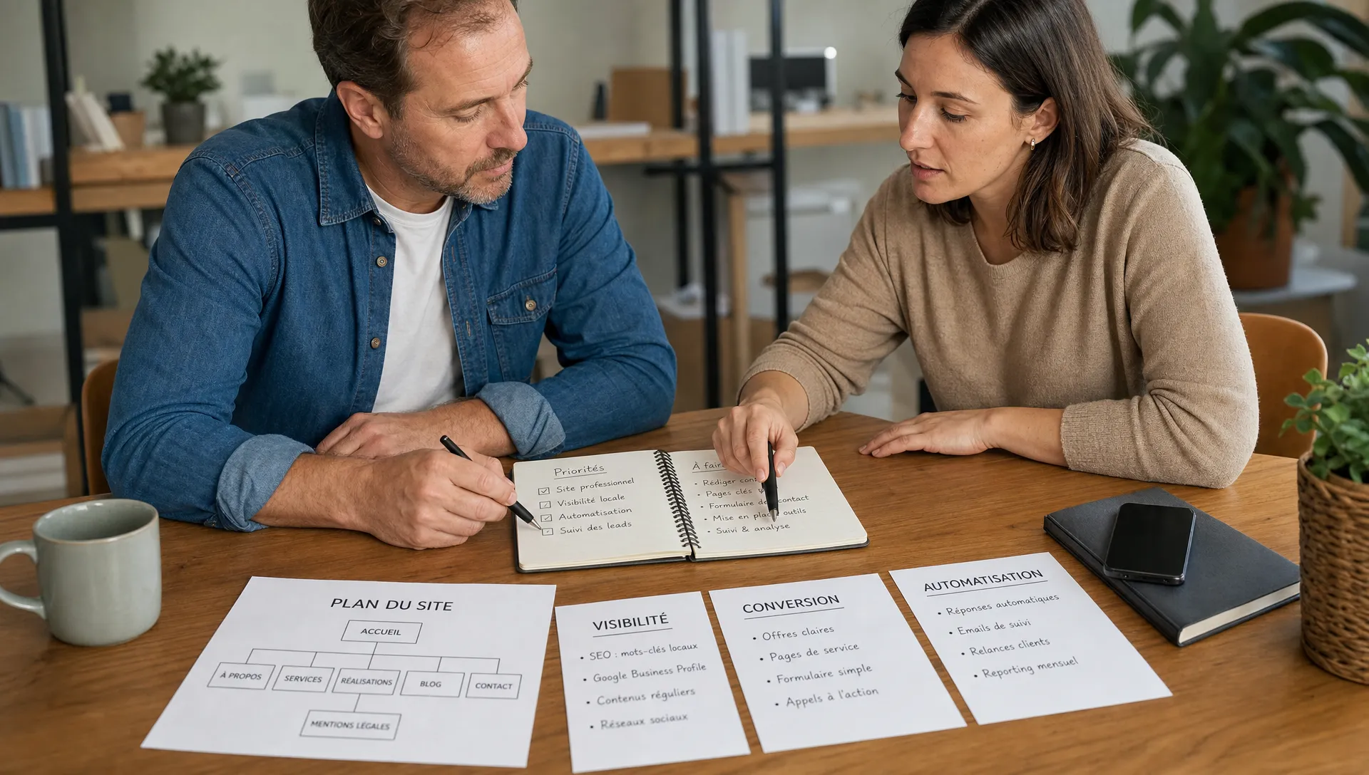 Un dirigeant de petite entreprise et une consultante digitale travaillent autour d’une table avec un carnet, des fiches de priorités, un plan de site imprimé et des notes sur la visibilité, la conversion et l’automatisation.