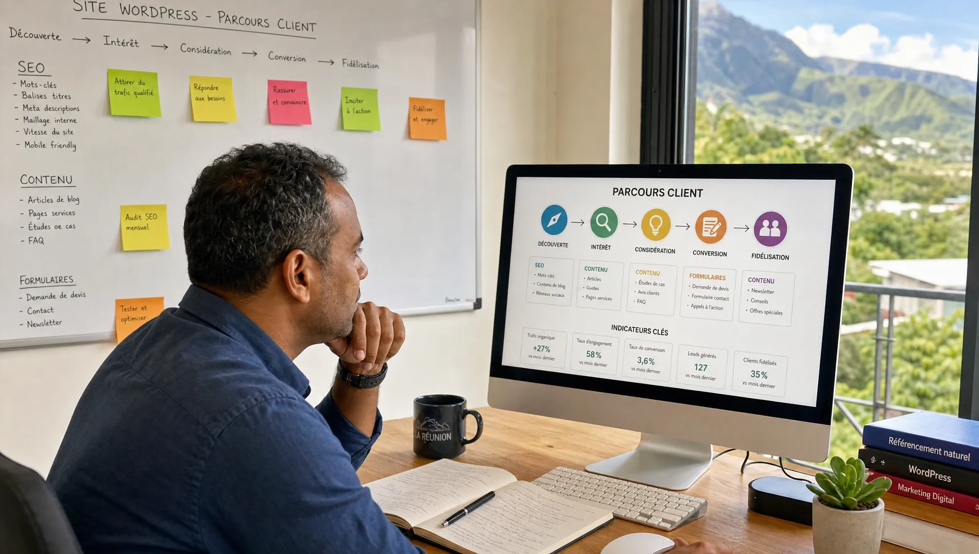 Un dirigeant de PME à La Réunion analyse le parcours client de son site WordPress avec des notes SEO, du contenu et des formulaires.