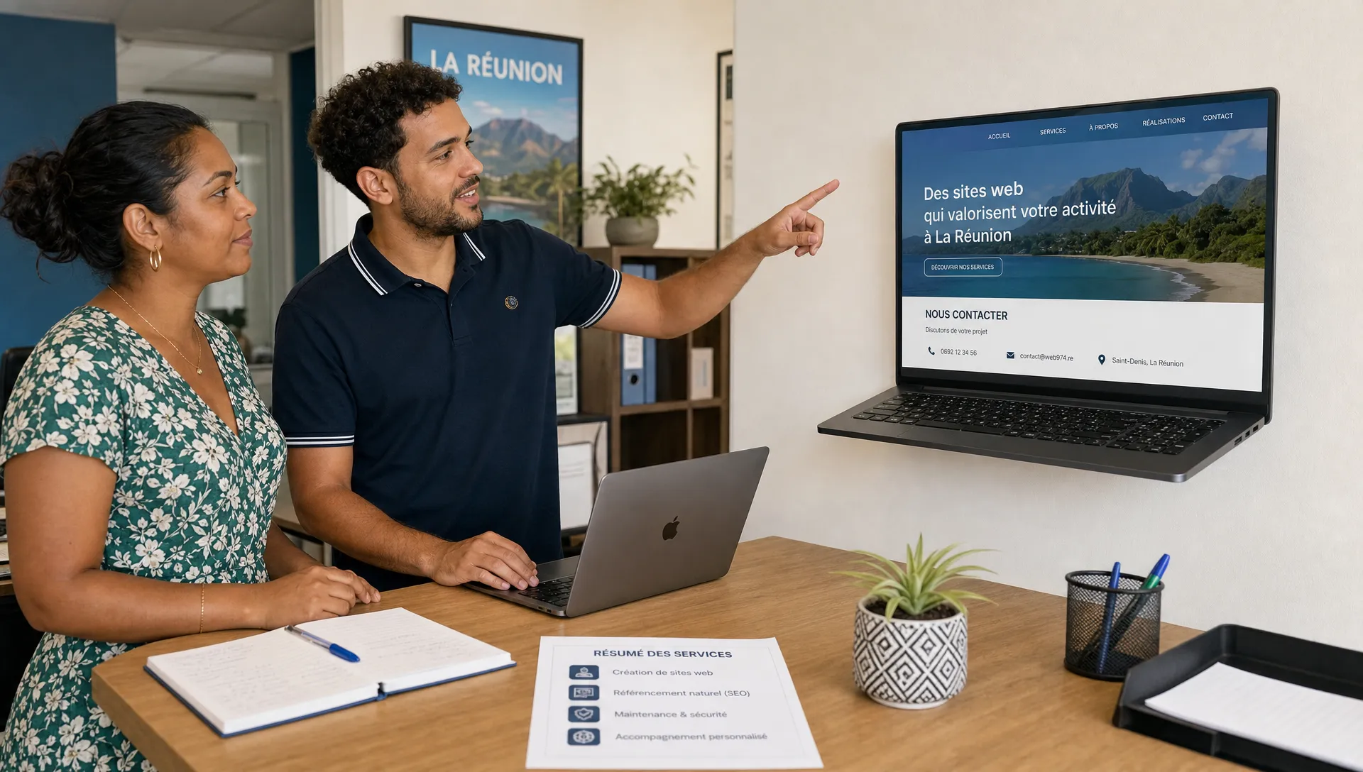 Un dirigeant et une consultante examinent un site web et un formulaire de contact dans un bureau de réunion.