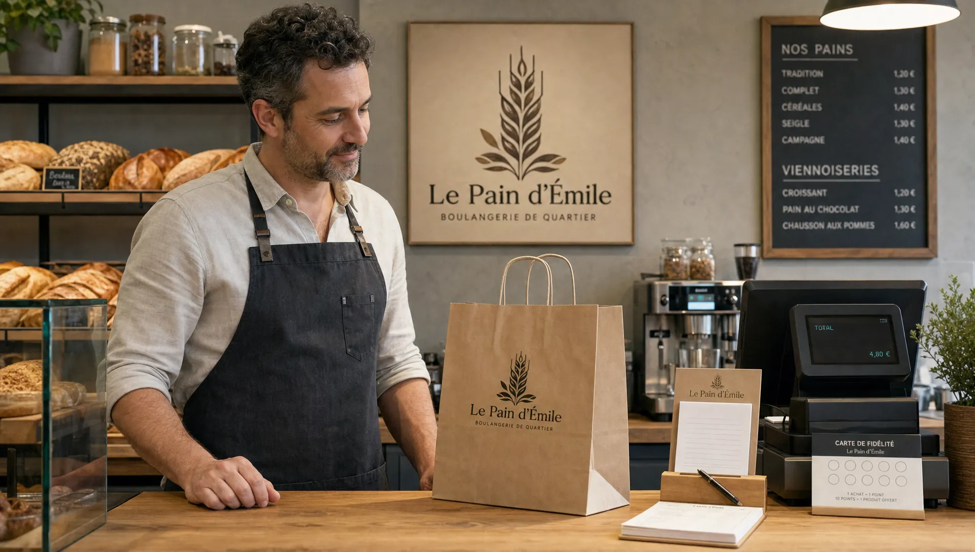 Un logo apparaît sur un sac, une carte fidélité et une enseigne dans le quotidien d’un commerce.