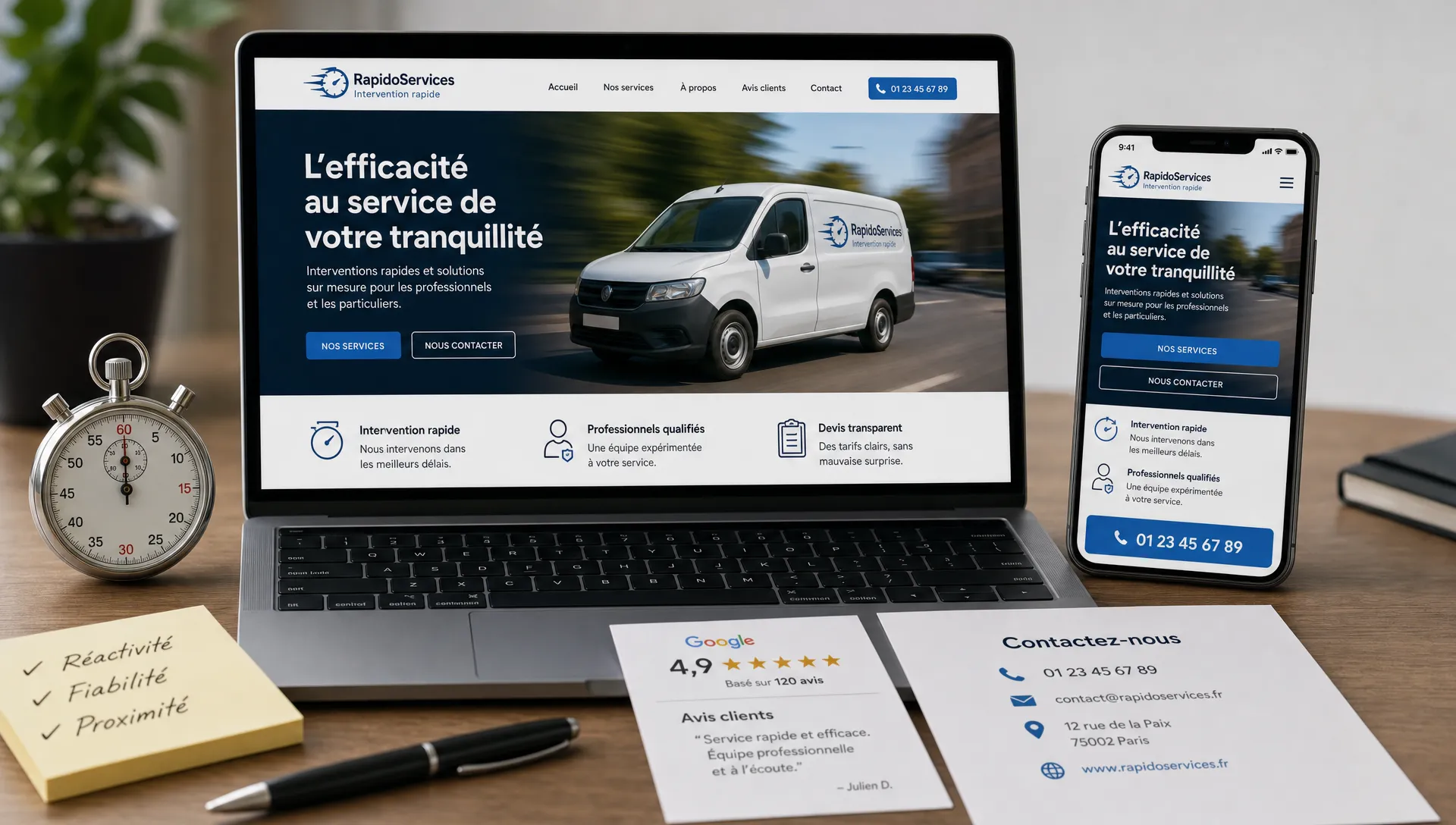 Un ordinateur et un smartphone affichent le même site vitrine avec des repères de rapidité, de lisibilité et de contact immédiat.