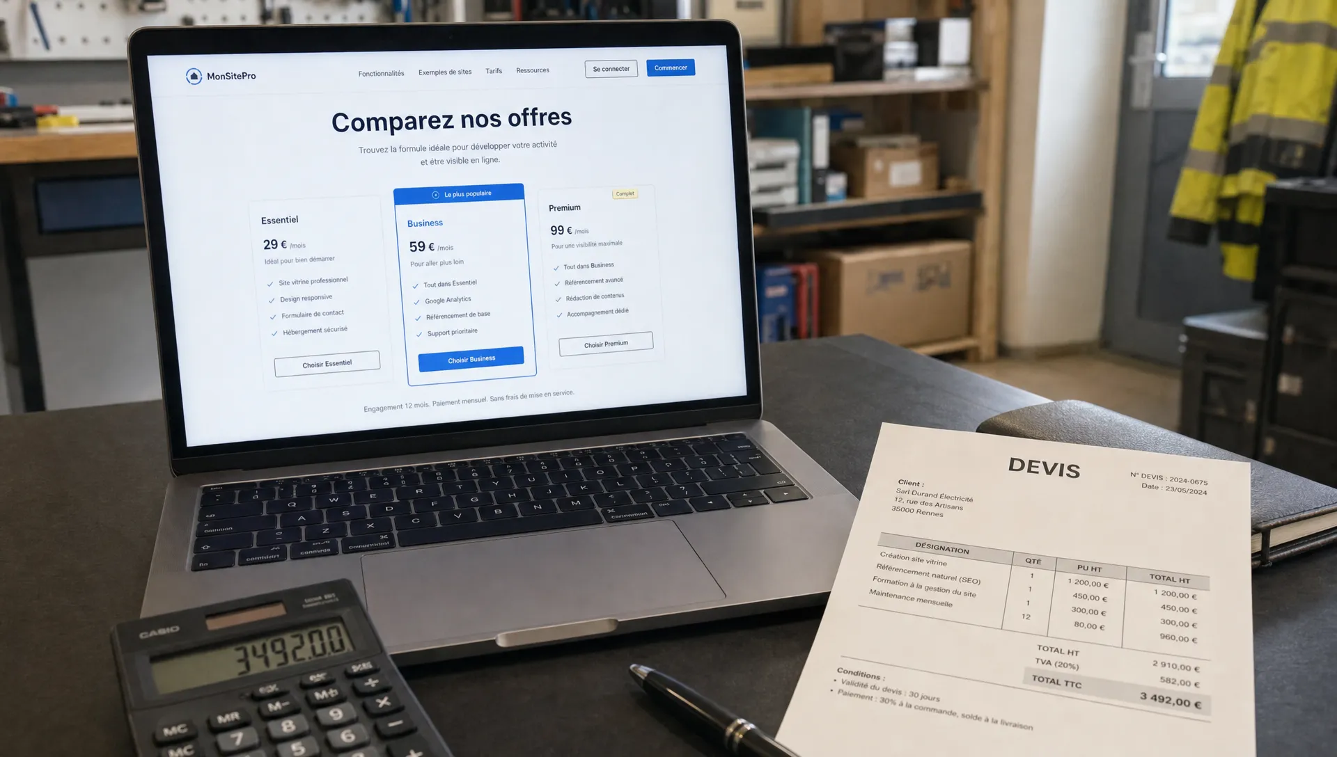 Un ordinateur portable, un devis imprimé et une calculatrice montrent un choix entre site gratuit et site web payant.