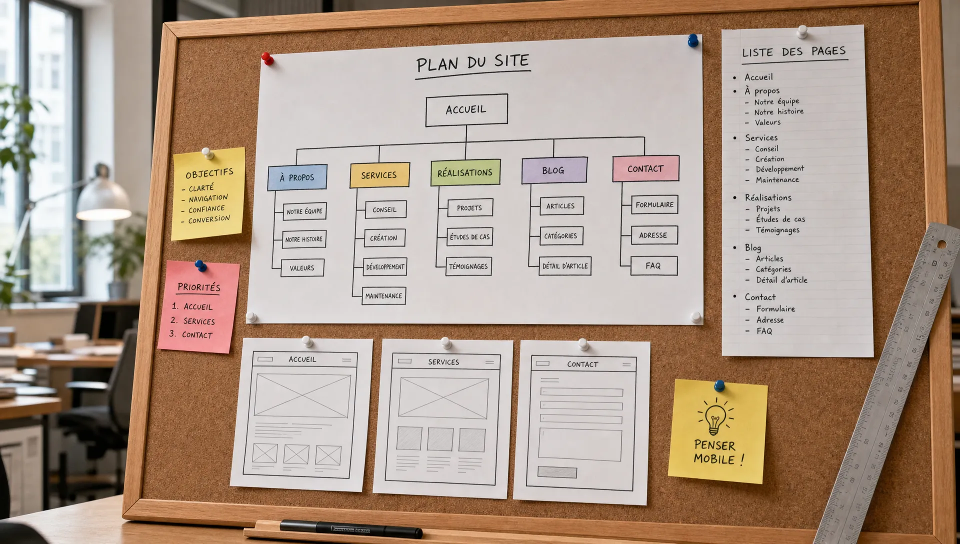 Un tableau de travail détaille l’architecture d’un site et les pages à prévoir avant le développement.
