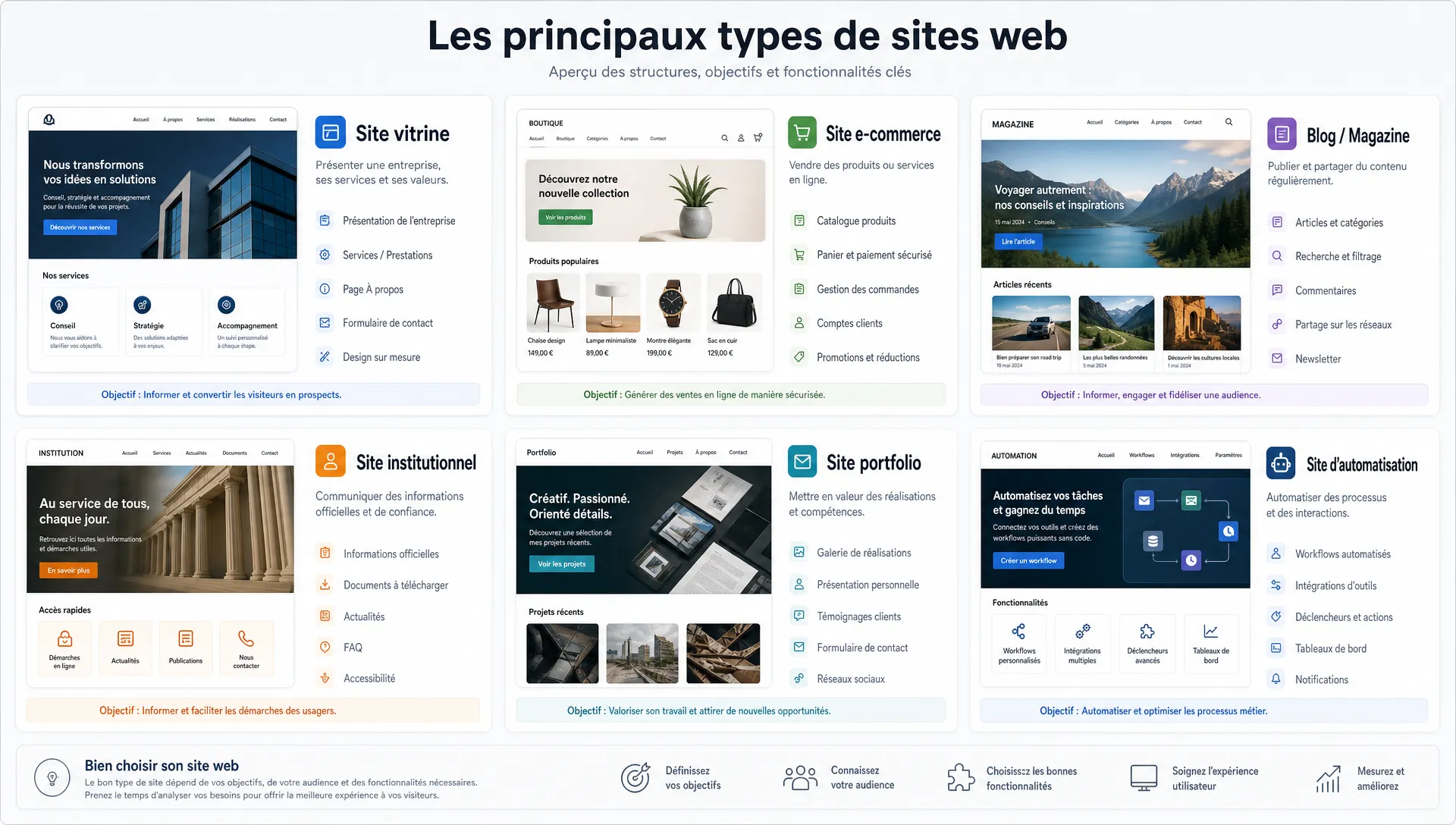 Une grille compare les principaux types de sites web avec des blocs pour recherche, contact, boutique et contenu.