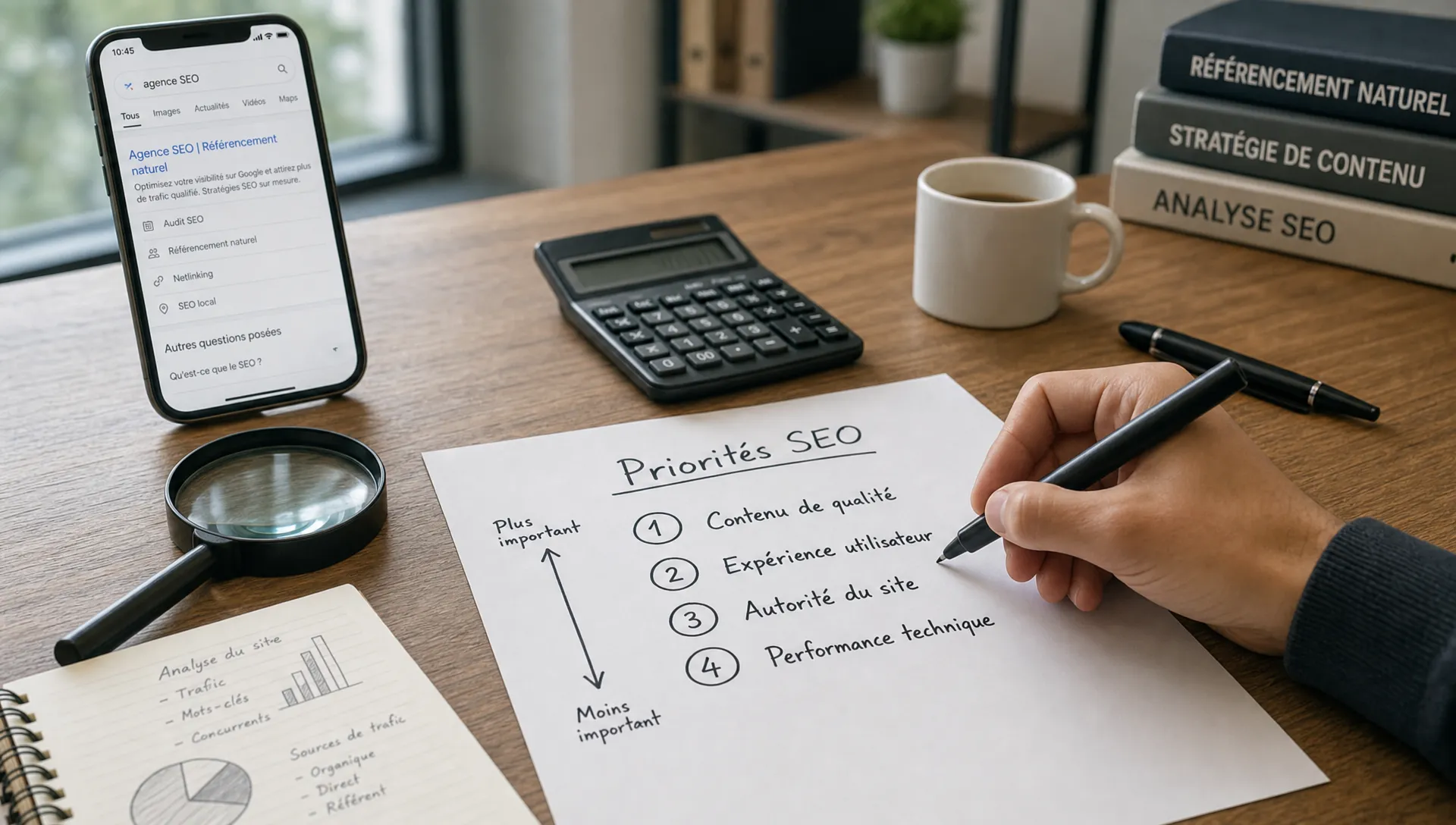 Une main classe des priorités SEO sur une feuille à côté d’outils de travail et d’un smartphone affichant des résultats de recherche.