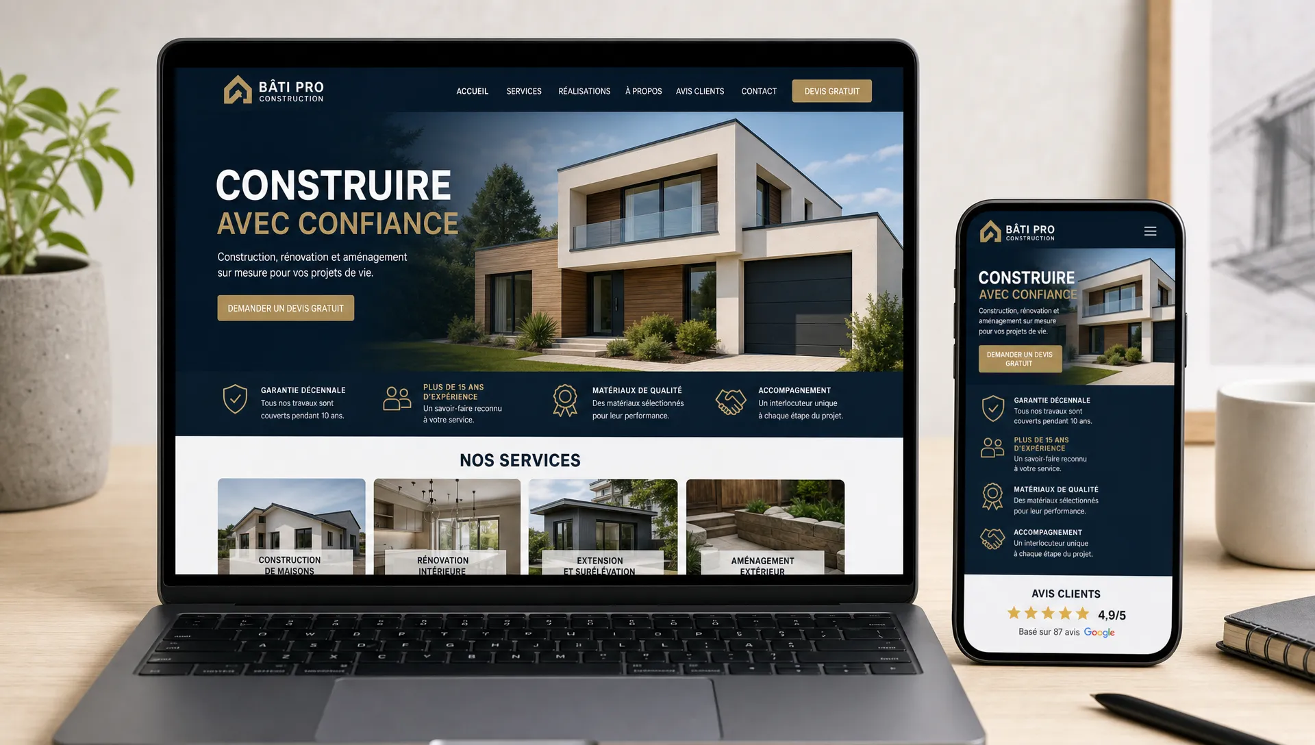 Une maquette de site professionnel sur ordinateur et mobile montre une identité cohérente, des preuves de confiance et une navigation claire.