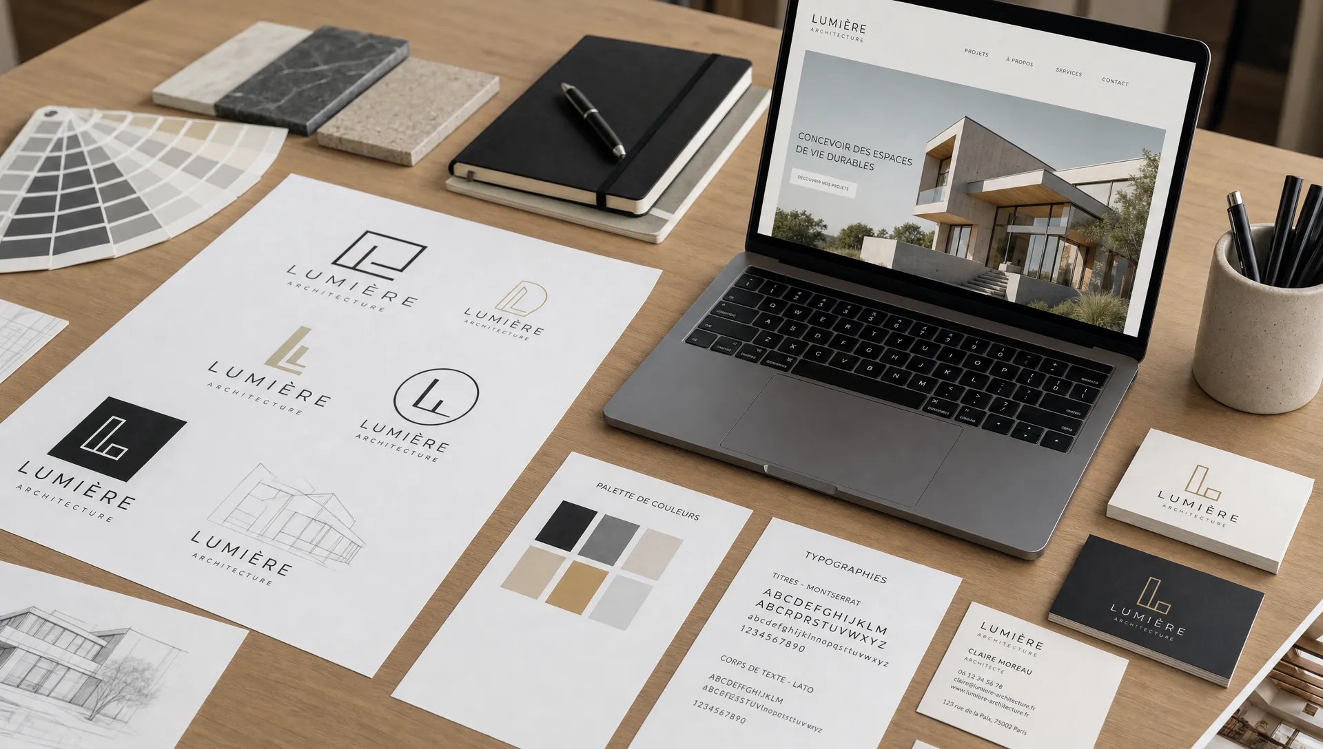 Une table de studio avec plusieurs propositions de logo imprimées, des échantillons de couleurs, des typographies et des cartes de visite autour d’un ordinateur portable ouvert.