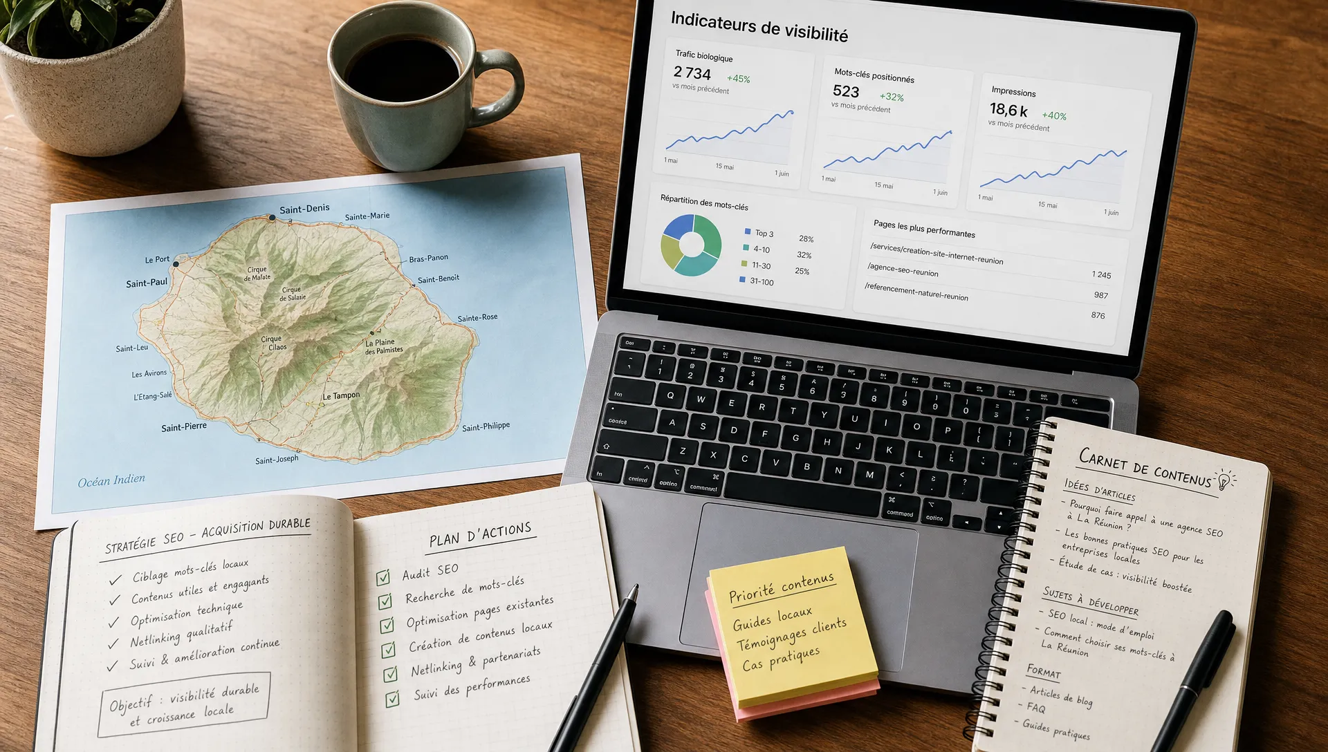 Une table de travail avec une carte de La Réunion, des notes de stratégie digitale, un carnet de contenus et des indicateurs de visibilité, illustrant une acquisition SEO durable pour une entreprise locale.
