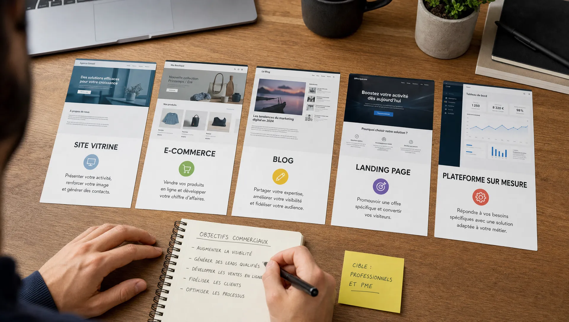 Une table de travail montre des cartes de site vitrine, e-commerce, blog, landing page et plateforme sur mesure, avec des notes sur les objectifs commerciaux.