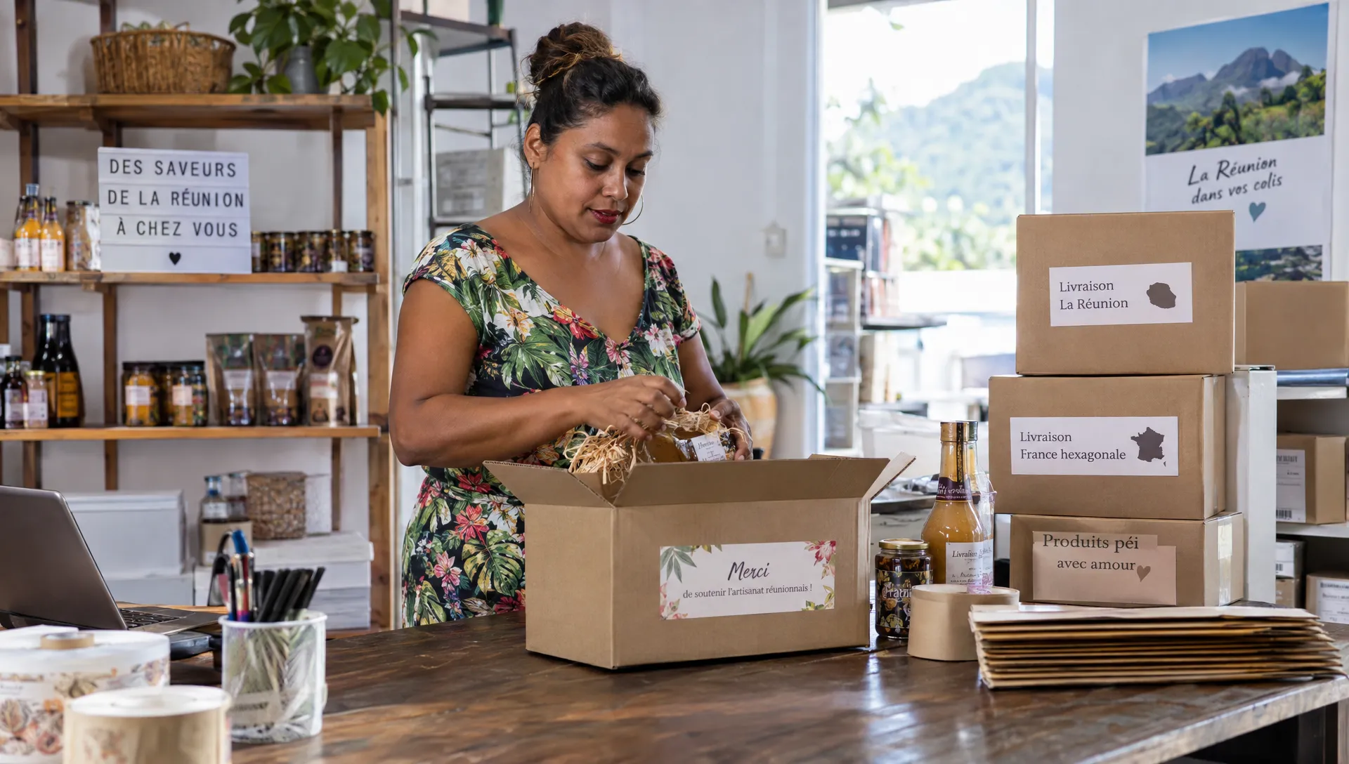 Dans l’espace de préparation d’une boutique, une commerçante réunionnaise emballe des produits et trie des cartons étiquetés pour les livraisons locales et vers la France hexagonale.