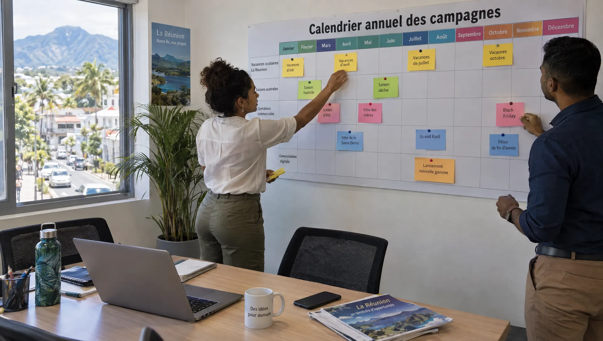 Deux collègues construisent le calendrier de stratégie web de leur entreprise en plaçant les vacances scolaires et les campagnes commerciales.