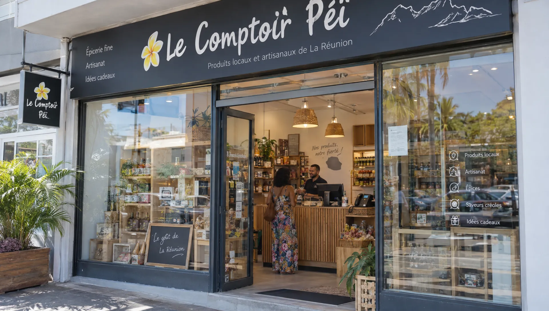 La vitrine d’un commerce réunionnais ouvert, où l’accueil et le téléphone restent actifs pendant une transition de prestataire web.
