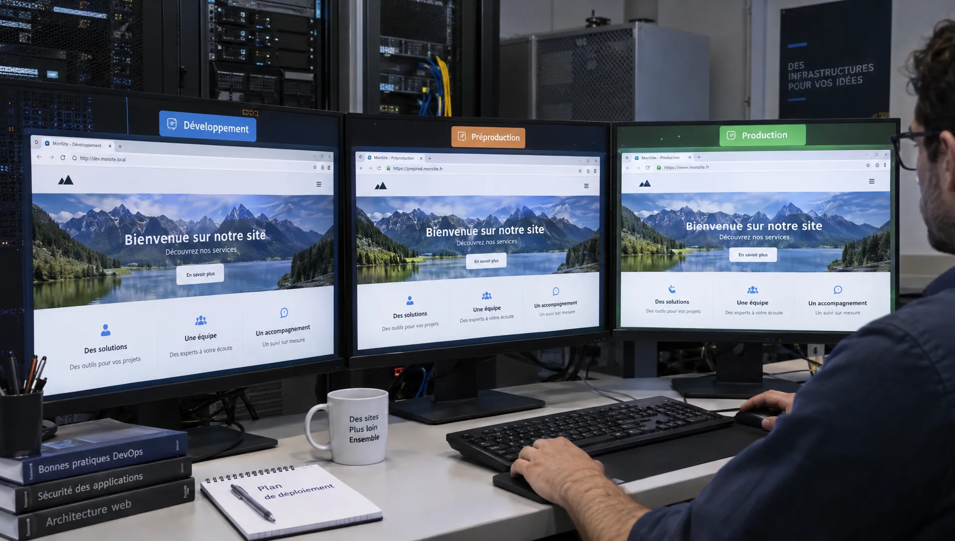 Trois environnements de site web visibles sur des écrans distincts dans une salle technique : développement, préproduction et production, chacun prêt pour son usage.