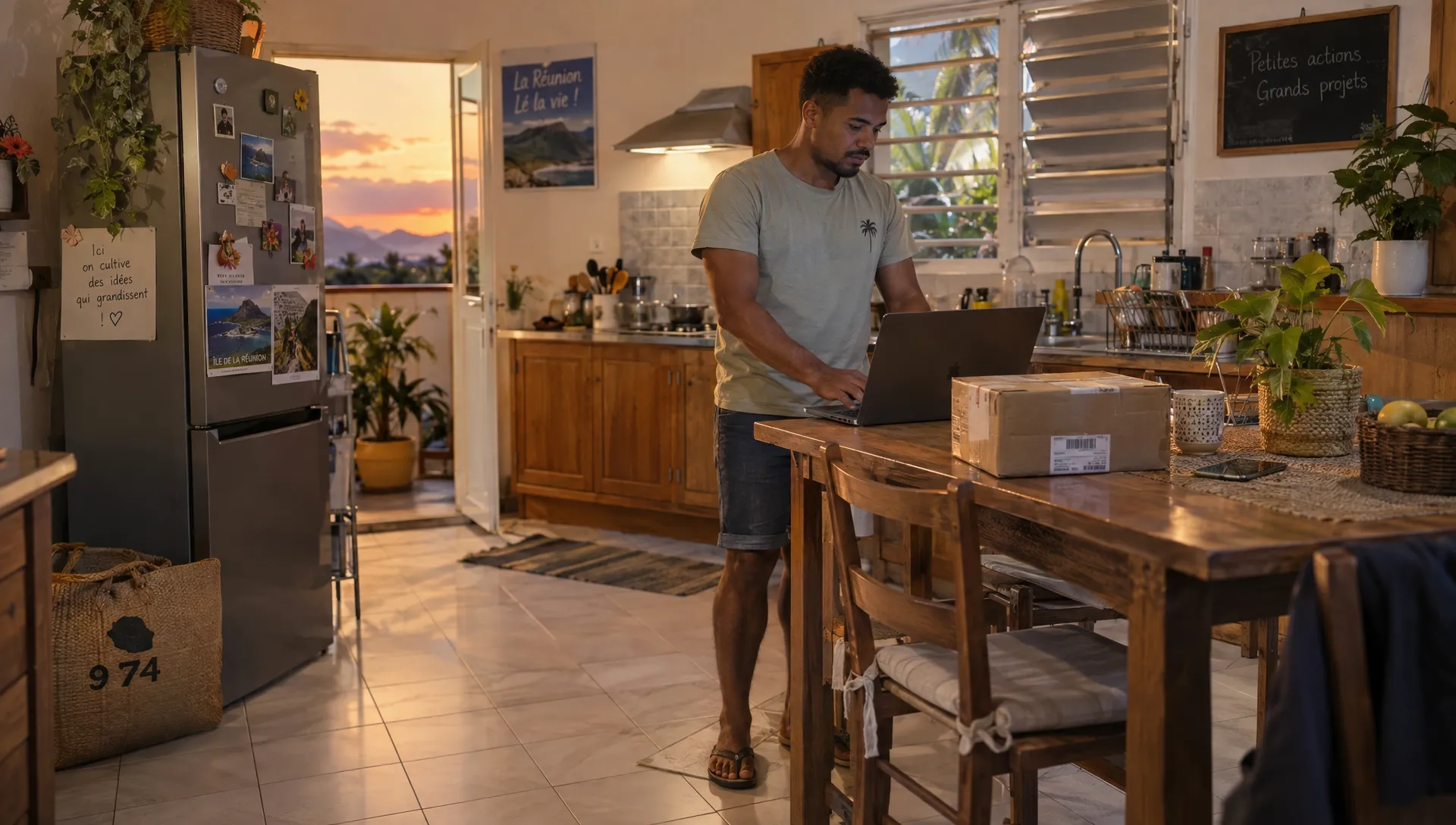 Un entrepreneur consulte une commande de boutique en ligne depuis chez lui, avec un produit emballé posé sur la table.
