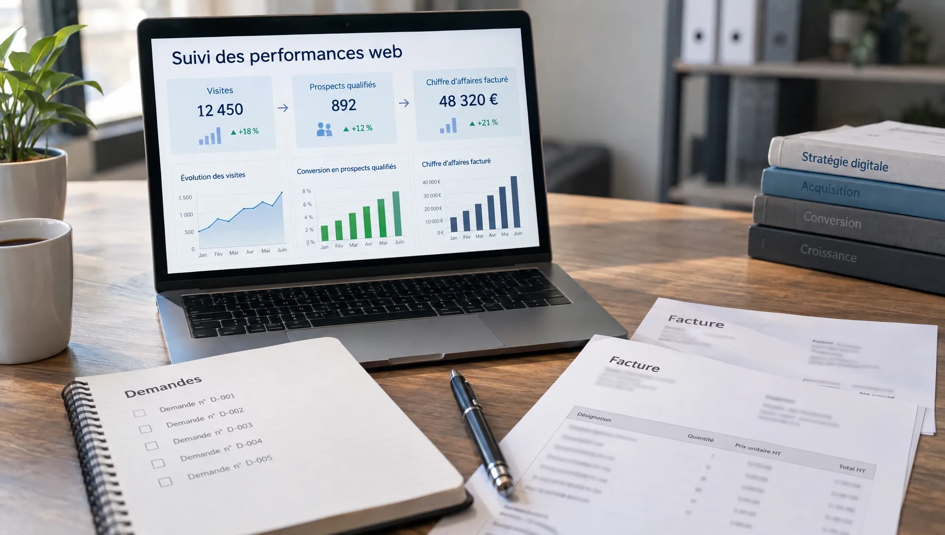 Un tableau de suivi des performances web relie les visites aux prospects qualifiés et au chiffre d’affaires facturé, près d’un carnet de demandes et de factures anonymisées.