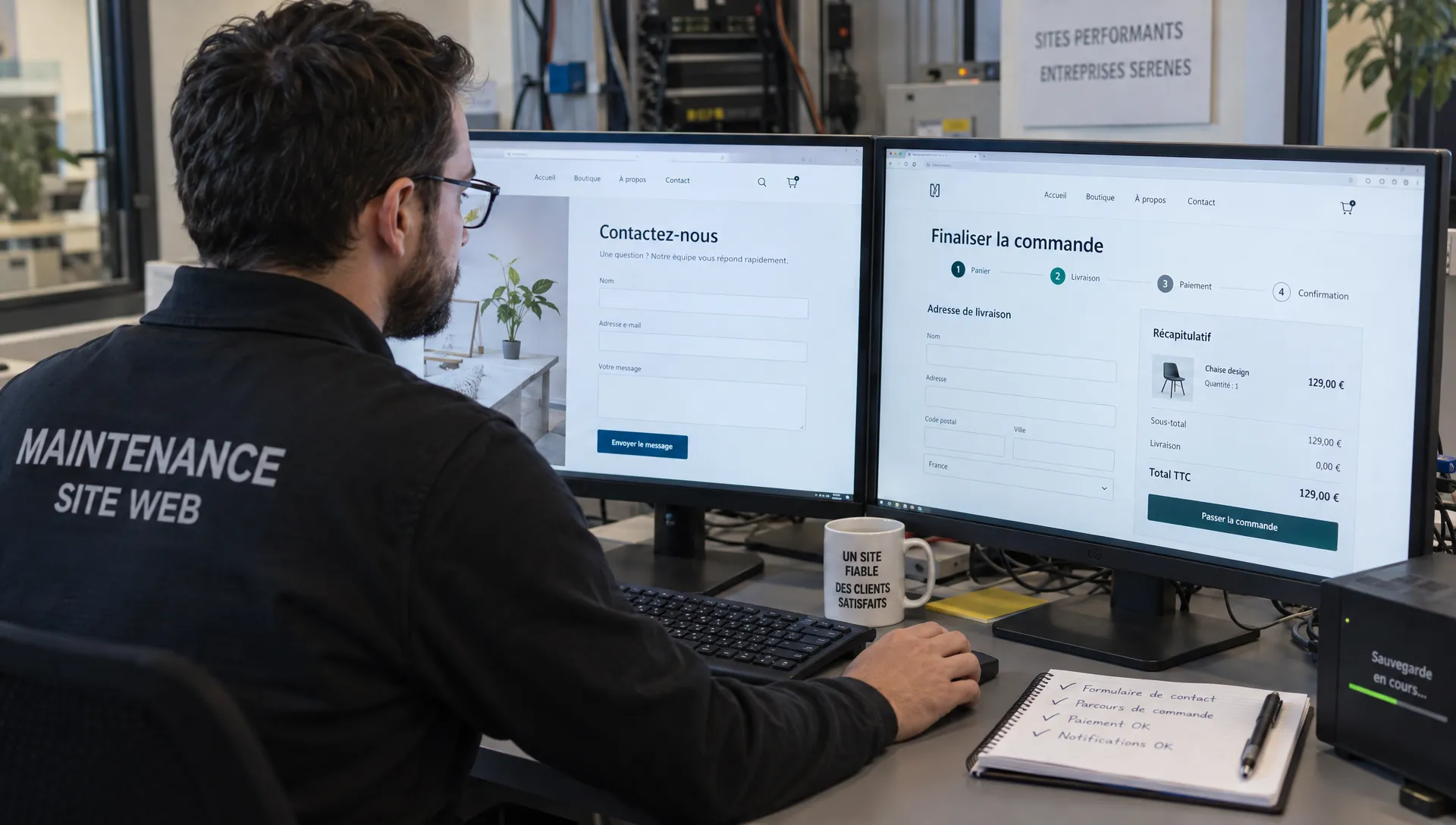Un technicien teste le formulaire de contact et le parcours de commande sur un site restauré, depuis un poste de travail de maintenance.