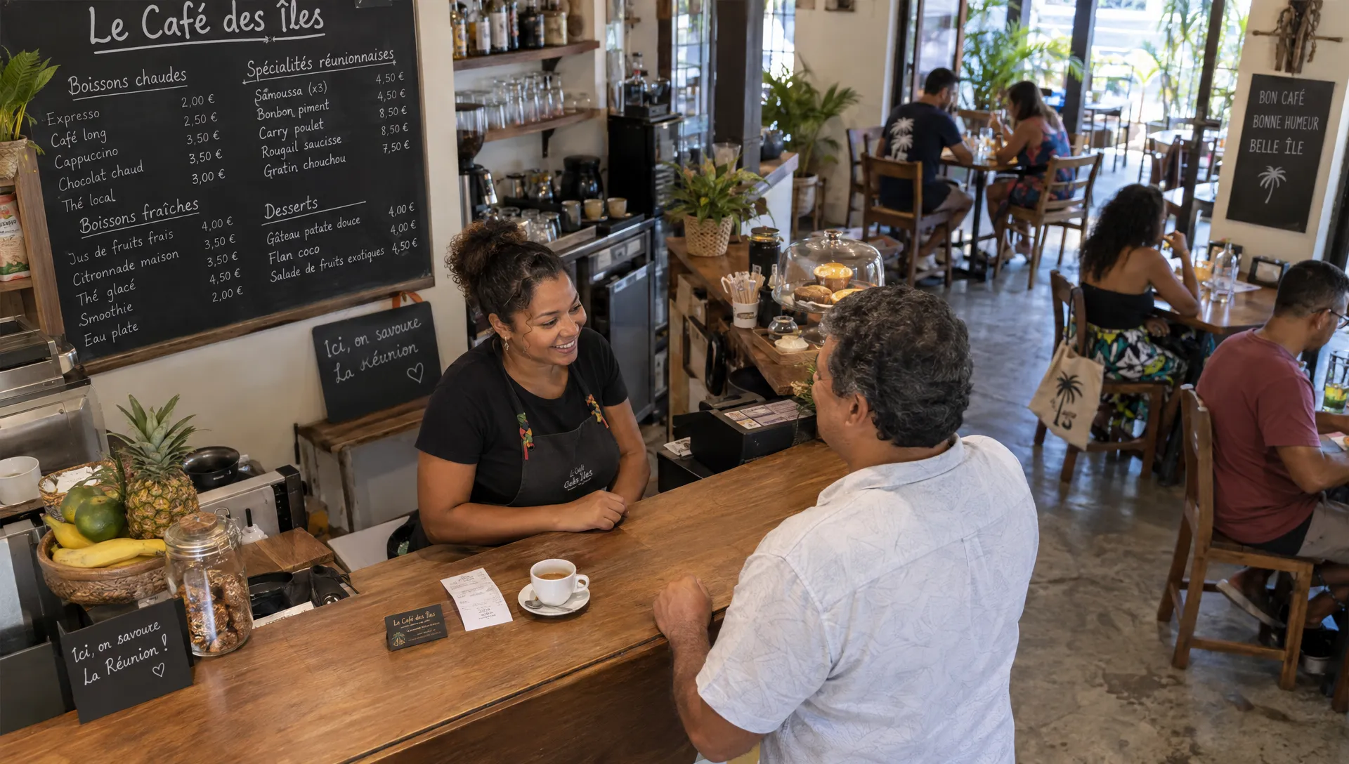 Une cliente échange avec la gérante d’un café après avoir consulté le menu et les coordonnées de l’établissement.