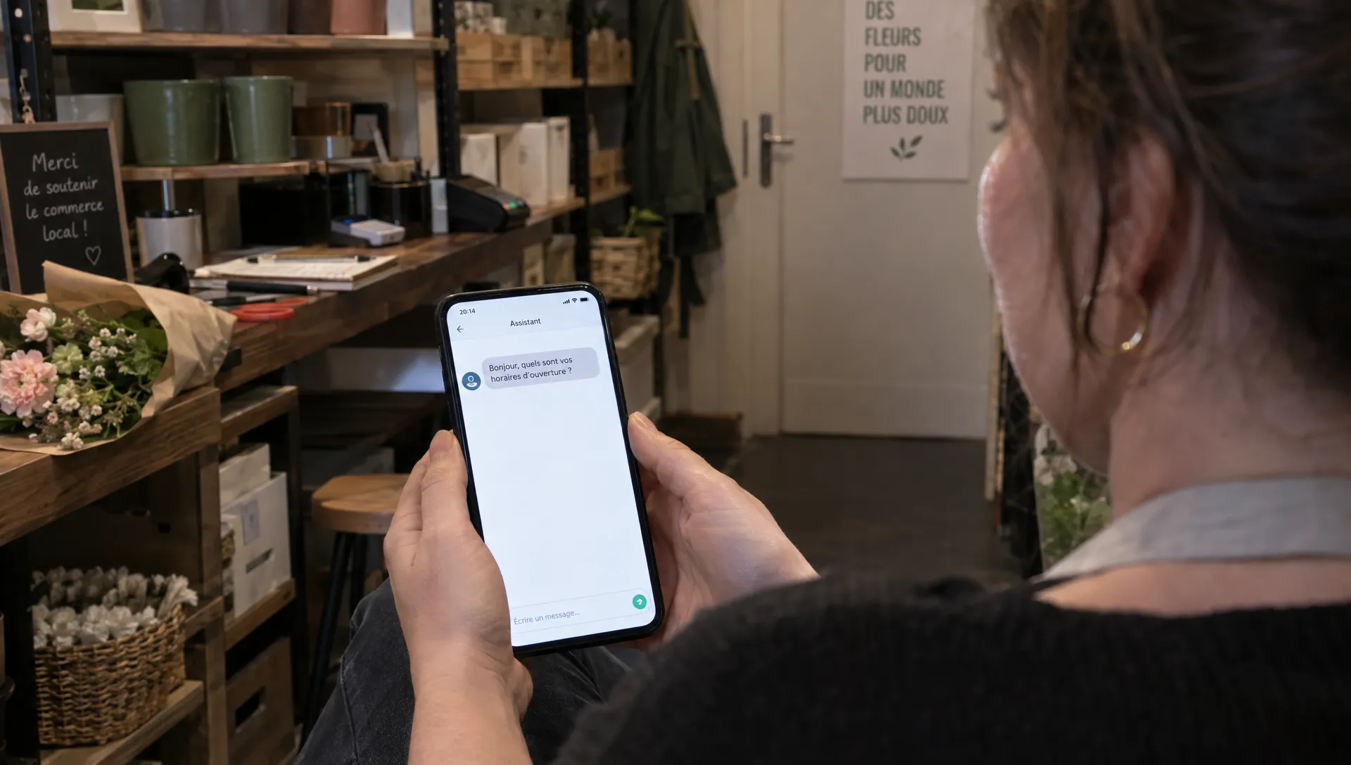 Une commerçante consulte sur son téléphone une question générale envoyée à l’assistant de son site, sans ouvrir son fichier clients.