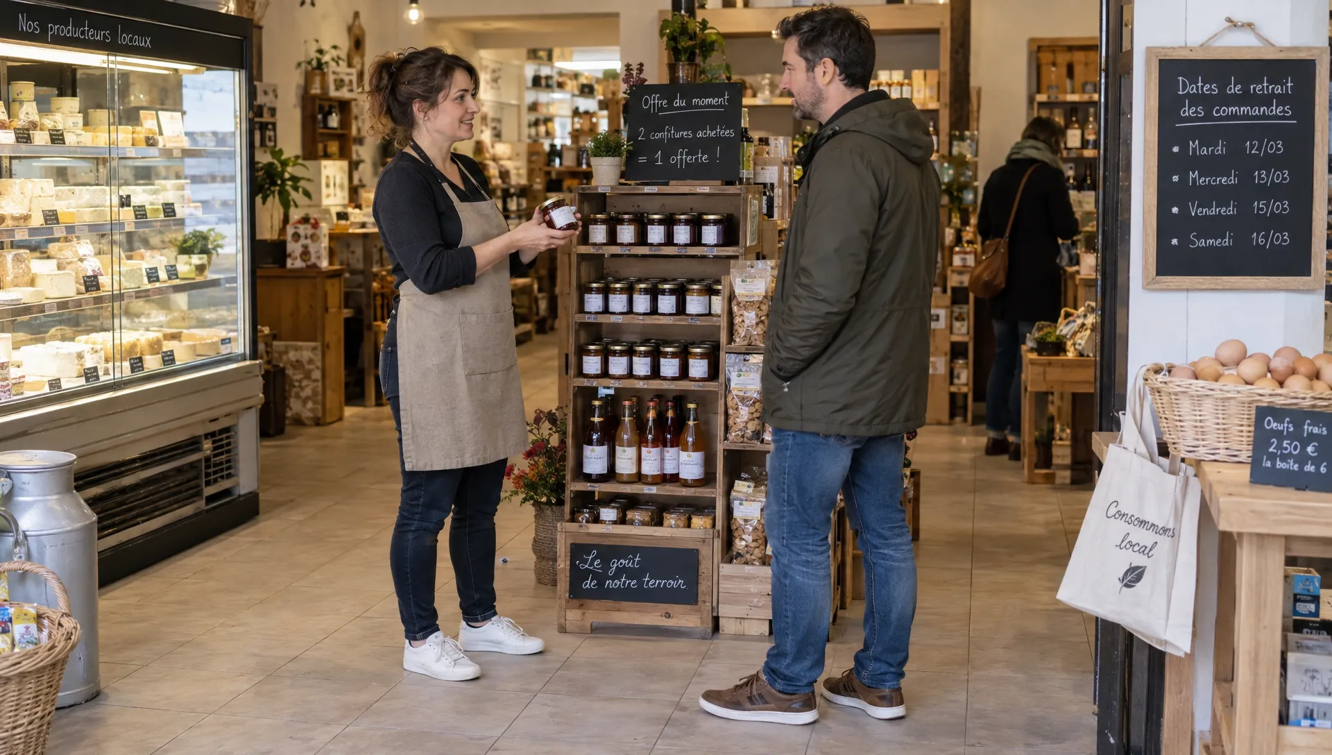 Une commerçante réunionnaise explique à un client les dates de retrait d’une offre saisonnière en boutique.