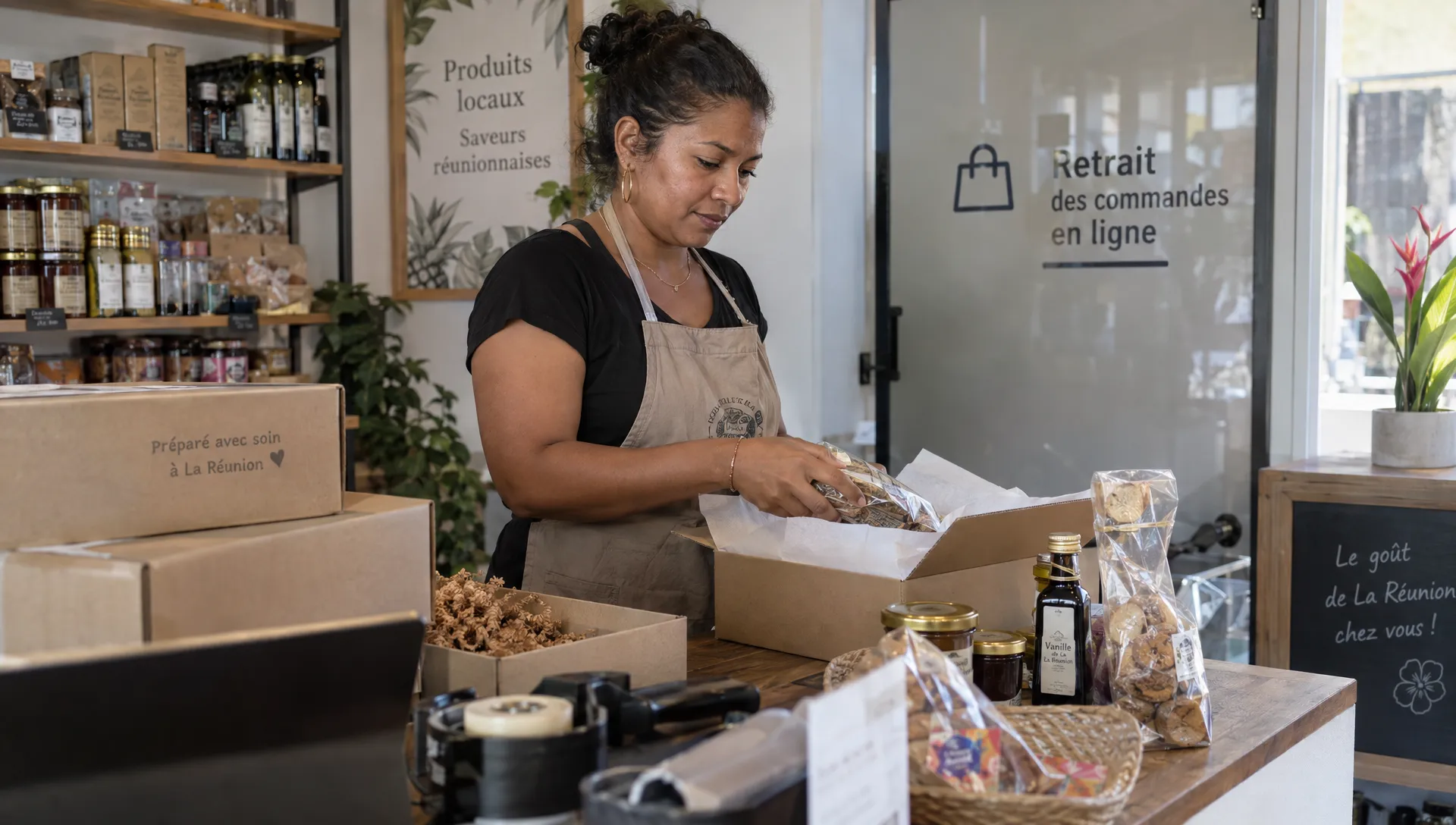 Une commerçante réunionnaise organise des colis et des produits emballés dans l’espace de retrait de sa boutique, en préparant les commandes de sa boutique en ligne.