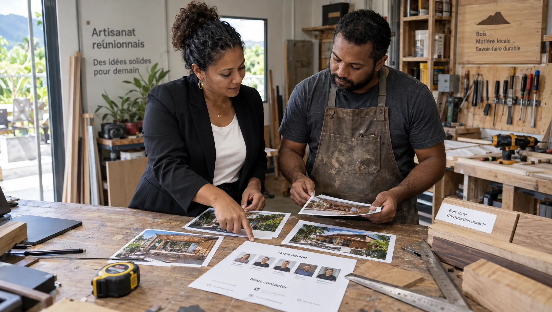 Une dirigeante et un artisan réunionnais étudient leurs réalisations et une page de contact pour préparer un design site vitrine qui inspire confiance.