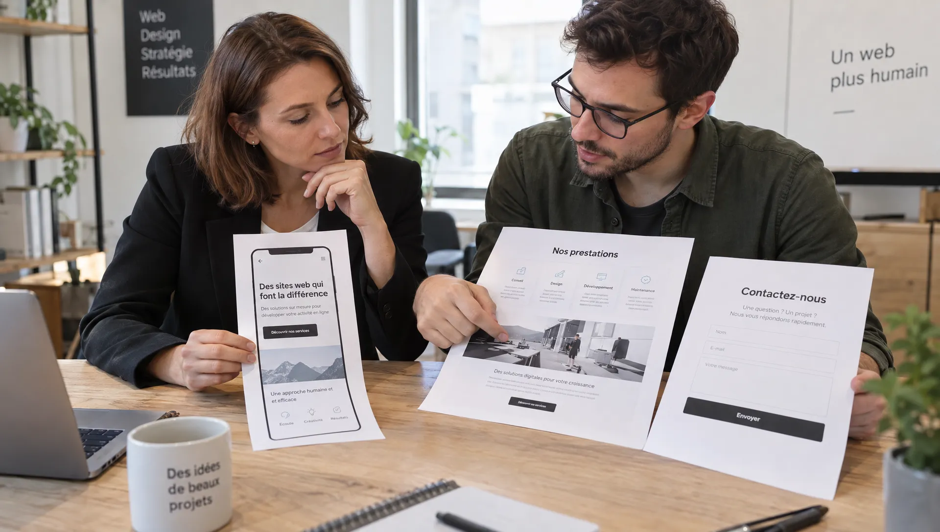 Une dirigeante et un concepteur web comparent des maquettes imprimées, dont une version mobile, une page de prestation et un formulaire de contact.