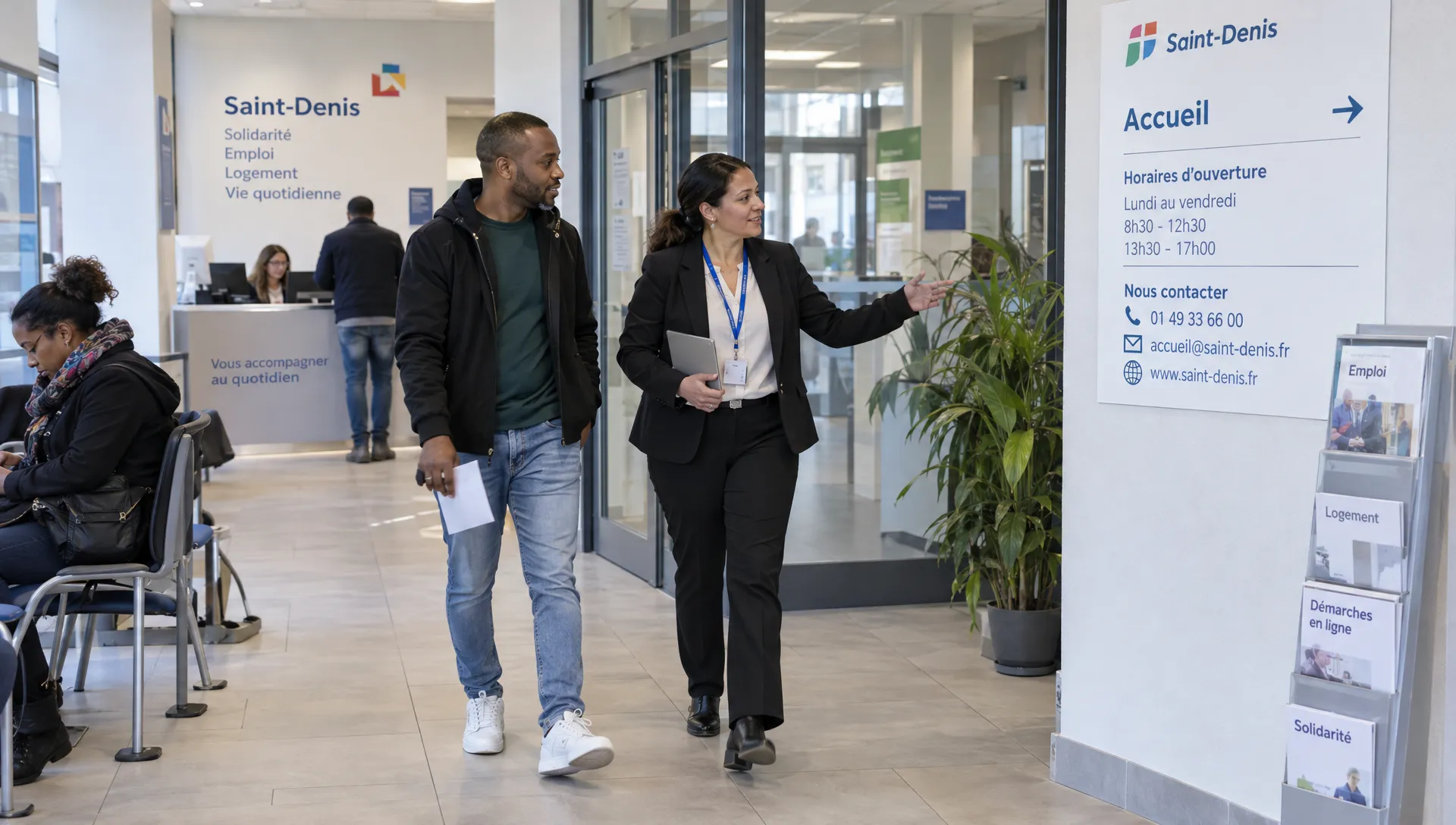 Une responsable accueille un visiteur dans une agence de Saint-Denis et lui indique les informations pratiques de l’établissement.